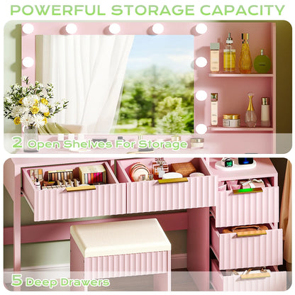Ktaxon Flutted Makeup Vanity Table Set with 5 Drawer, Dressing Table w/Charging Station, Vanity Desk for Femal Gift, White