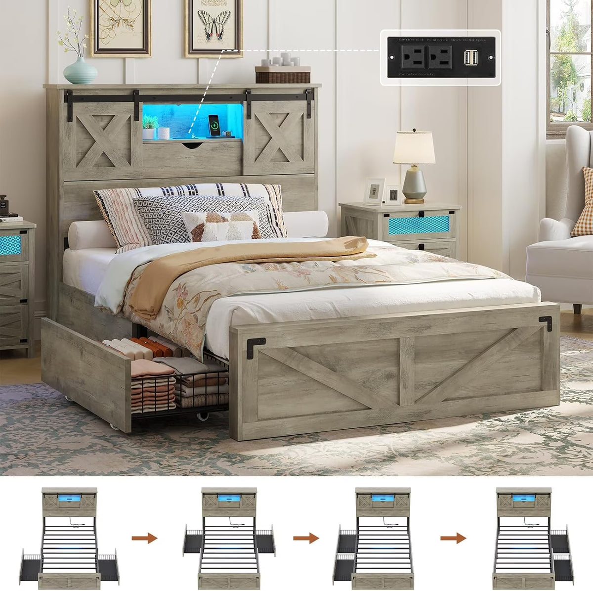 Twin XL Size Bed Frame with Headboard and Drawers, Farmhouse Twin XL Platform Bed Frame with LED Lights and Charging Station, No Box Spring Needed,Gray