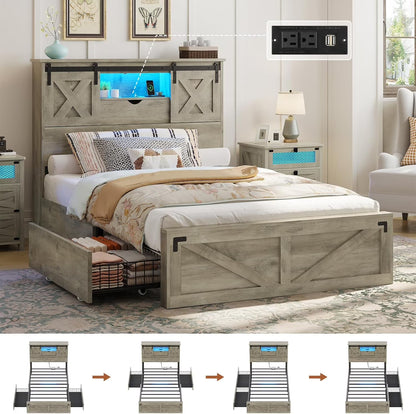 Twin XL Size Bed Frame with Headboard and Drawers, Farmhouse Twin XL Platform Bed Frame with LED Lights and Charging Station, No Box Spring Needed,Gray