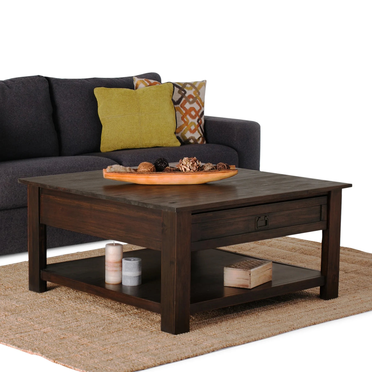Simpli Home Monroe SOLID ACACIA WOOD 38 inch Wide Square Rustic Coffee Table in Distressed Charcoal Brown
