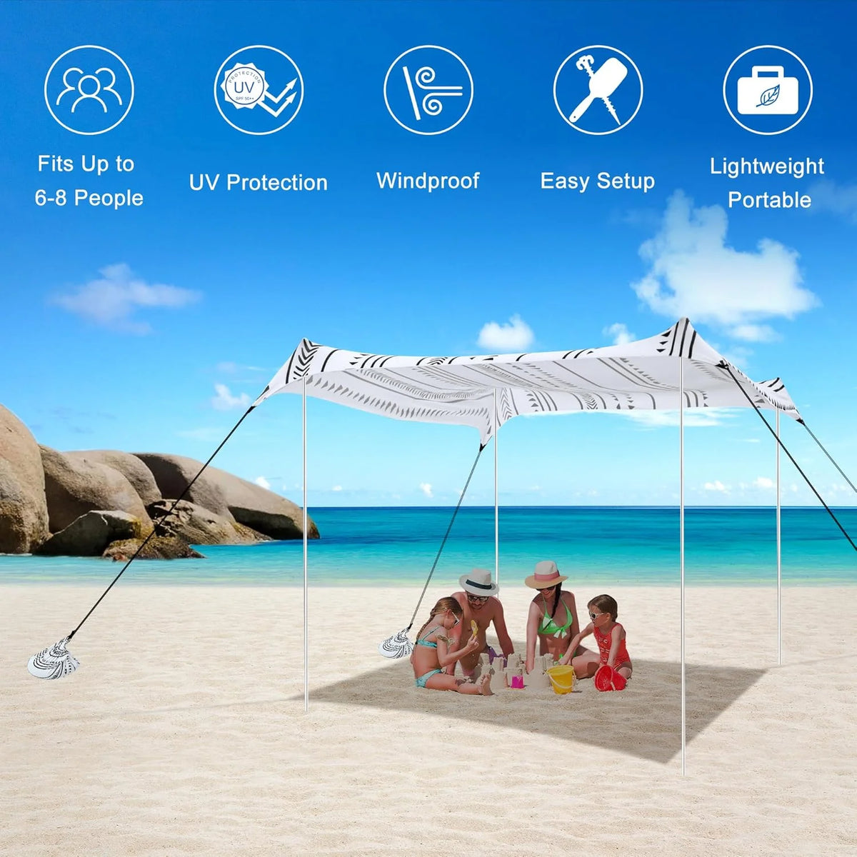 Beach Tent, UPF 50+ Beach Canopy Sun Shade, Portable 10×10 FT Large Pop-Up Beach Tent Sun Shelter with Sand Anchors, Ground Pegs, Easy Setup for Beach, Camping, Park, and Backyard Fun