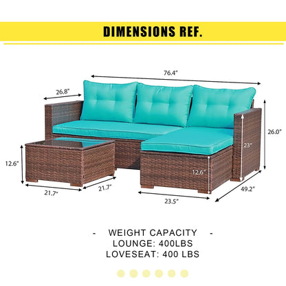 3 Piece Patio Furniture Sets,  Outdoor All-Weather Wicker Sectional Sofa Set, Beige
