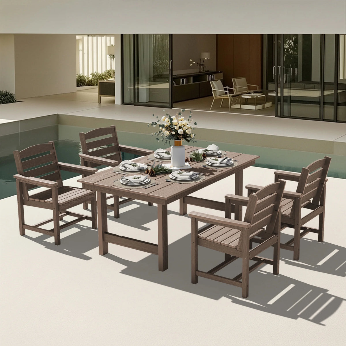 KINGYES 7-Piece Outdoor Dining Set, HDPE Patio Table and Chairs with Umbrella Hole, Gray