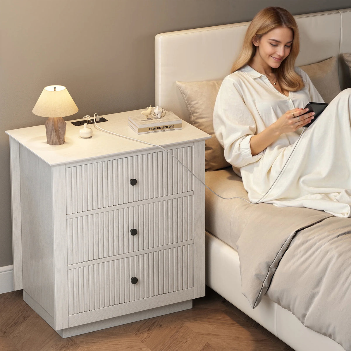 IDEALSOUL Nightstand Set of 2, 24" Wide End Table with Storage, Fluted Nightstand with USB Charging Station, Large 3 Drawers nightstand for Bedroom Living Room(2pc, White)