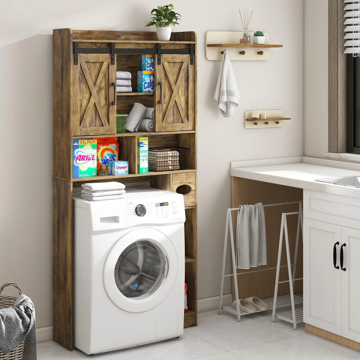 Over The Toilet Storage Cabinet, Farmhouse Storage Cabinet Over Toilet with Sliding Doors��Home Space-Saving Toilet Rack, for Bathroom, Restroom, Laundry
