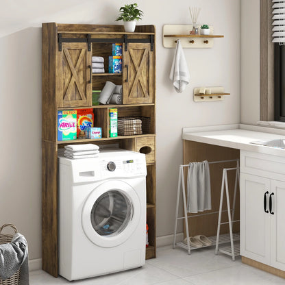 Over The Toilet Storage Cabinet, Farmhouse Storage Cabinet Over Toilet with Sliding Doors��Home Space-Saving Toilet Rack, for Bathroom, Restroom, Laundry
