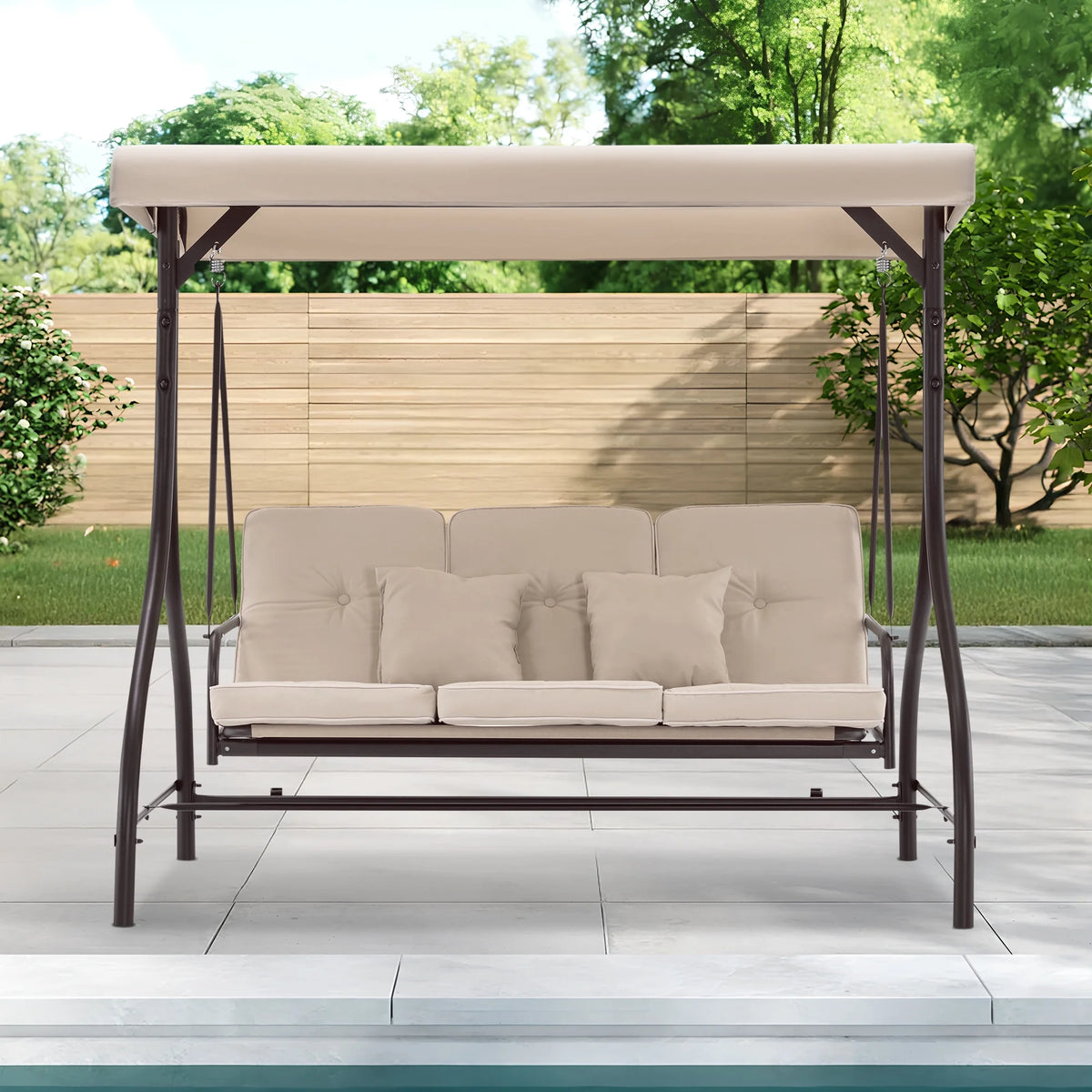 MCombo 3-Seat Outdoor Patio Swing Chair Cushioned with Adjustable Backrest and Canopy, Pillow, Brown