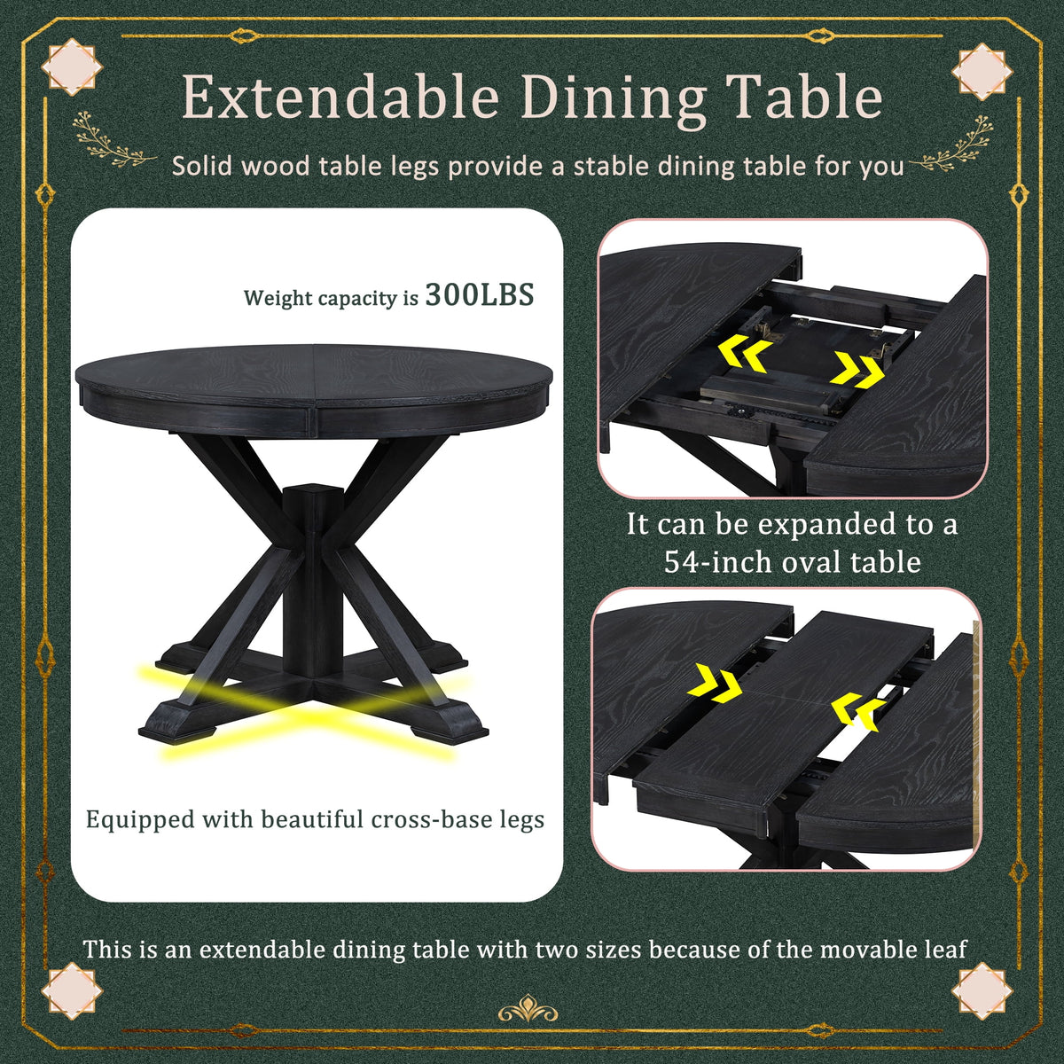 Besthome Farmhouse Extendable Round Kitchen Dining Room Table Set with Upholstered Chairs of 4, 5 Piece Round Dining Table Set with Extendable Table, Espresso