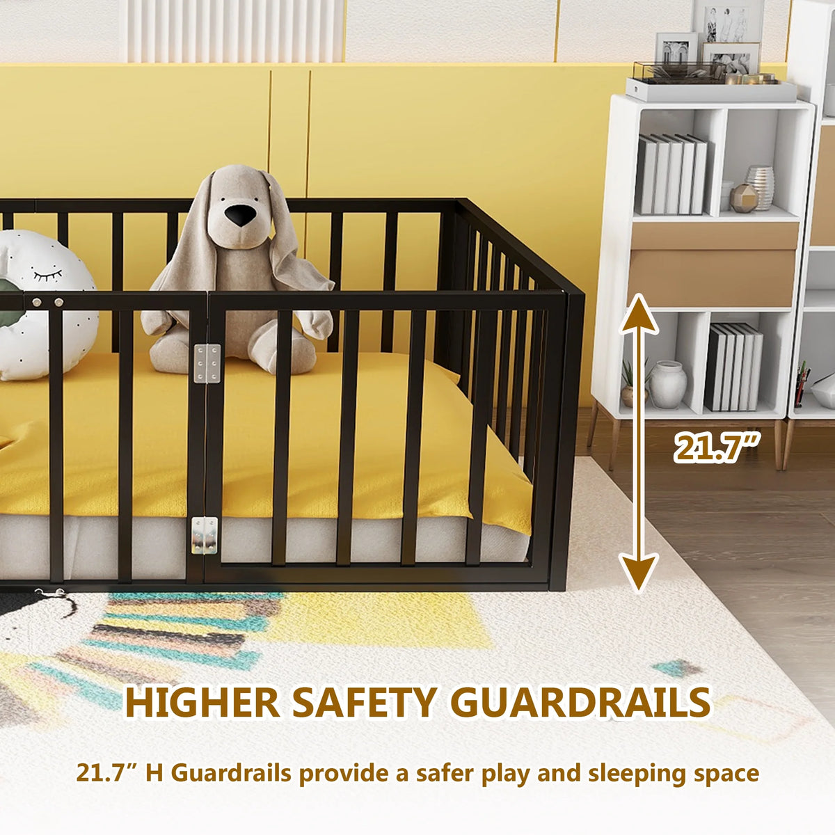 Bellemave Full Size Bed Frame, Full Montessori Bed with Safety Guardrails and Detachable Fence, Wood Full Daybed Frame, Low Profile & Rounded Corners Design, Natural