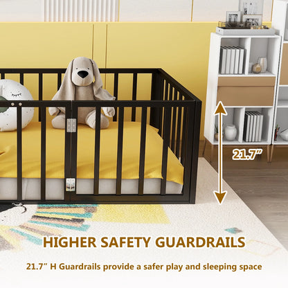 Bellemave Full Size Bed Frame, Full Montessori Bed with Safety Guardrails and Detachable Fence, Wood Full Daybed Frame, Low Profile & Rounded Corners Design, Natural