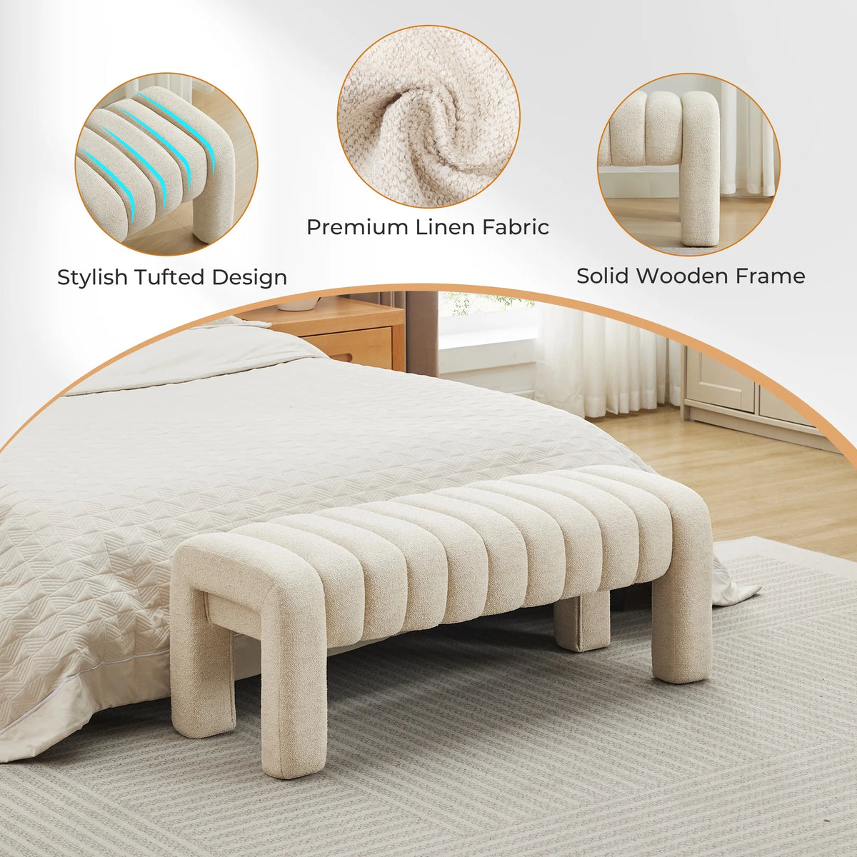 Zesthouse 63�� End of Bed Bench, Linen Tufted Upholstered Ottoman Bench with Padded Seat and Solid Wood Leg, Modern Entryway Bench for Bedroom, Living Room, Beige
