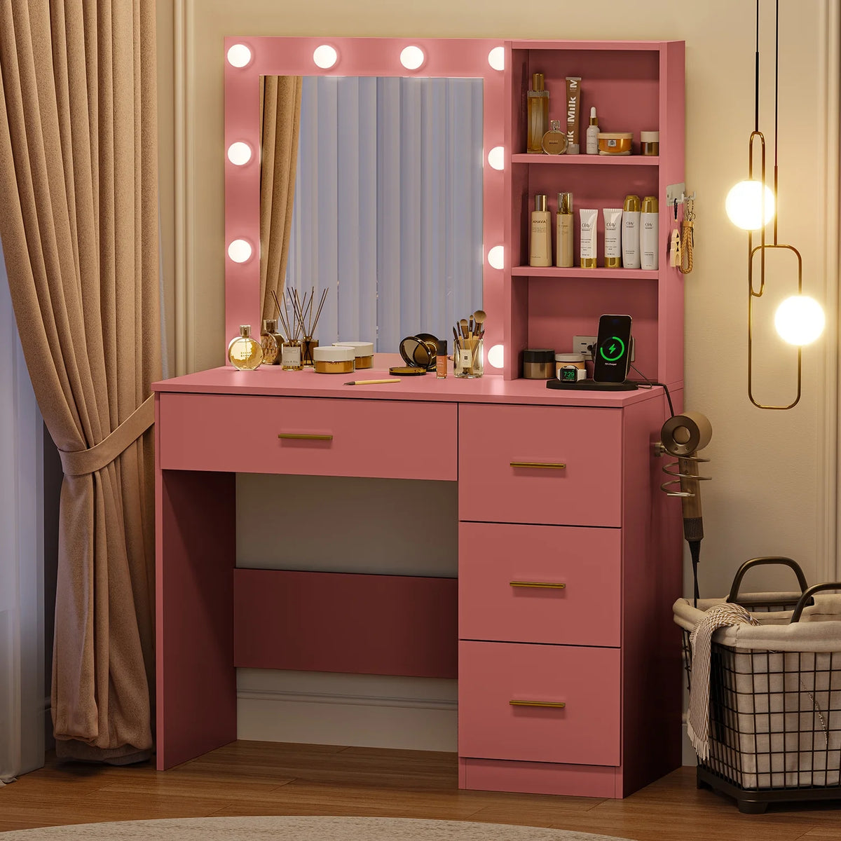 Makeup Vanity with Mirror and 3 Color Lights,Vanity Dressing Table with USB Charging Station,4 Drawers,Open Storage Shelves,White