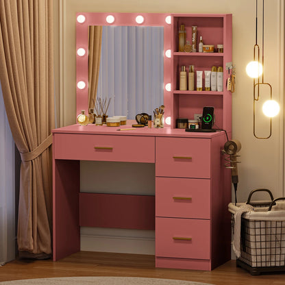 Makeup Vanity with Mirror and 3 Color Lights,Vanity Dressing Table with USB Charging Station,4 Drawers,Open Storage Shelves,White