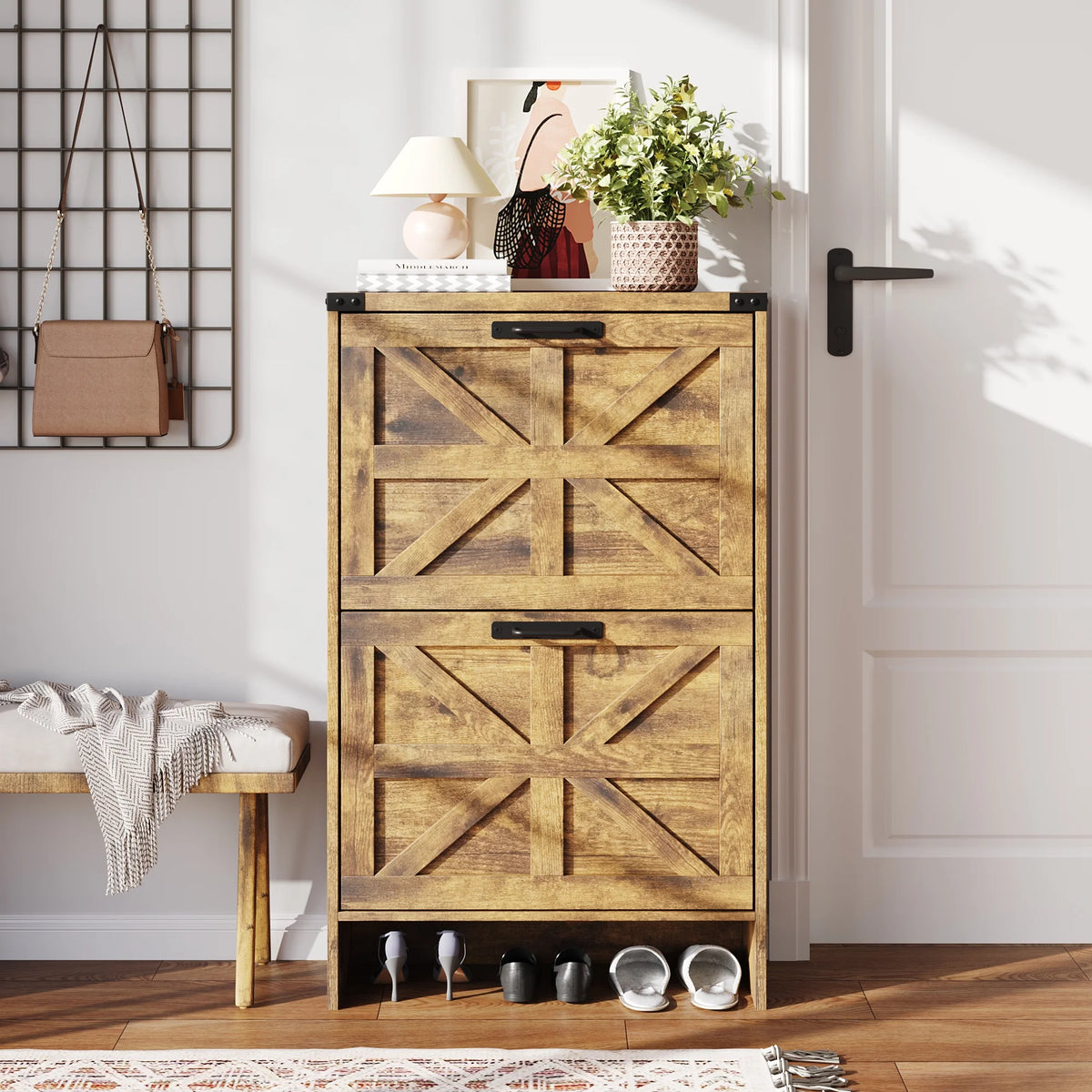 VEANERWOOD Shoes Storage Cabinet With Doors, Farmhouse Shoe Cabinet With 2 Flip Drawers For Entryway,Gray