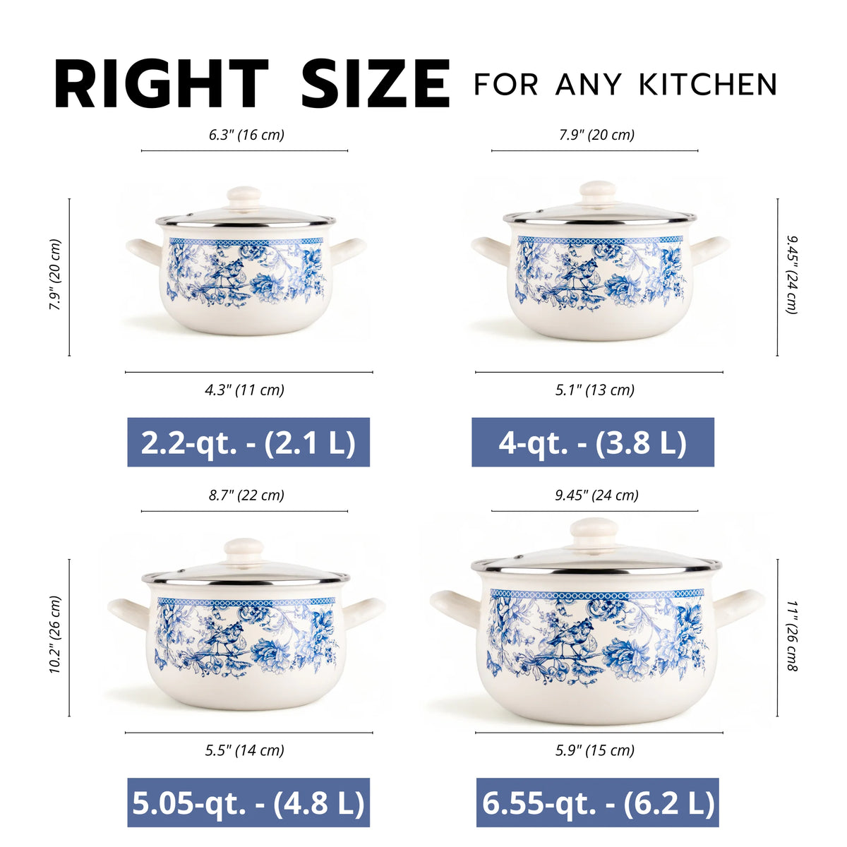 STPgoods Enameled Aluminum Belly Deep Stock Pot with Lid Set of 2 Vegetable Garden Cooking Pot Set 2.2 Qt 4 Qt 5.05 Qt and 6.55 Qt Enamel Soup Pots