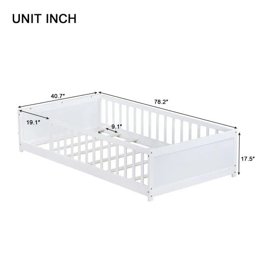 Bellemave Twin Size Floor Bed with Fence, Montessori Floor Twin Bed with Built-in Book Rack, Solid Wood Twin Bed with Slats and Safety Guardrails, Natural