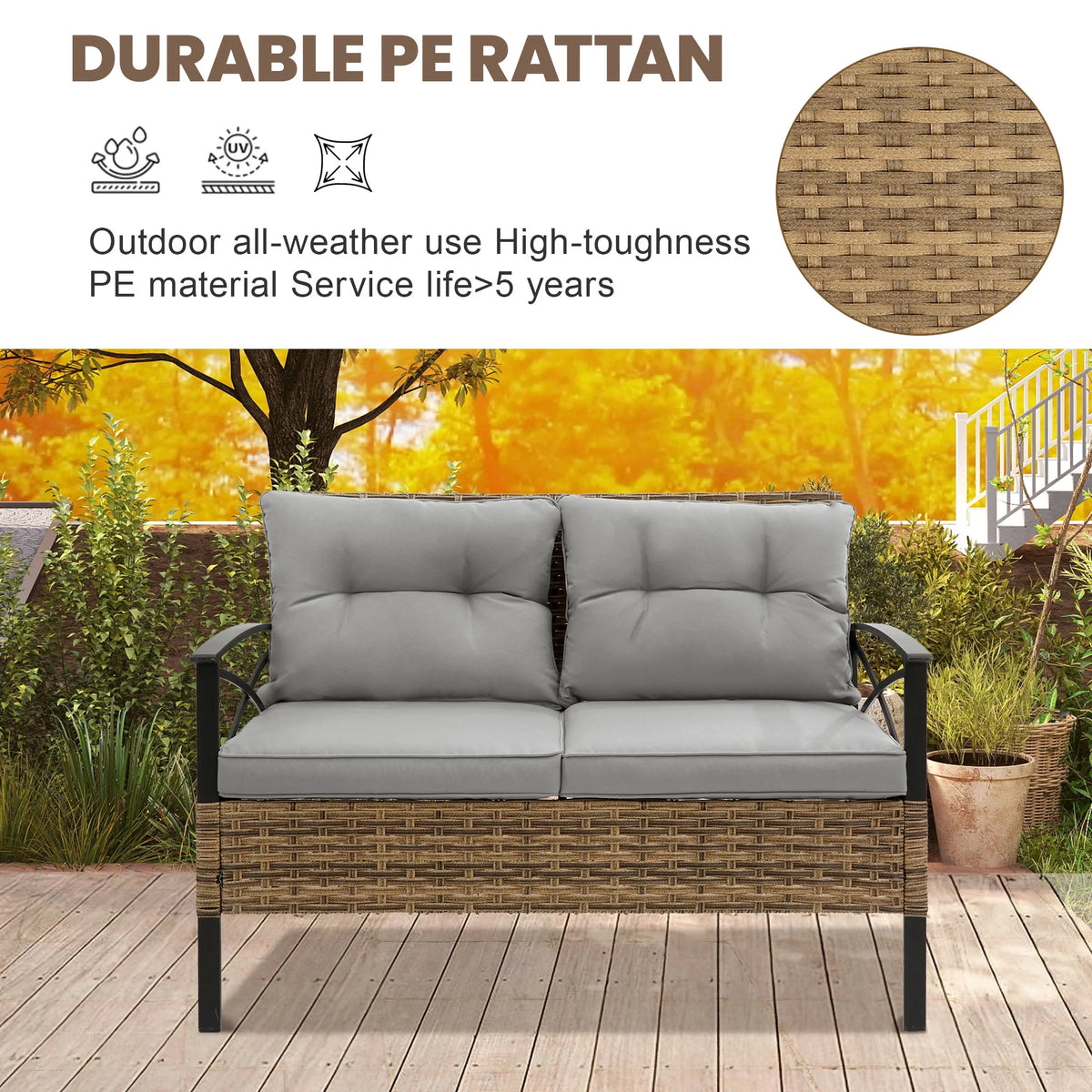 Heavy-duty Patio Furniture Set, 4 Piece Outdoor Sectional Conversation Sets, BrownPE Rattan Patio Sofa Set with Blue Cushions