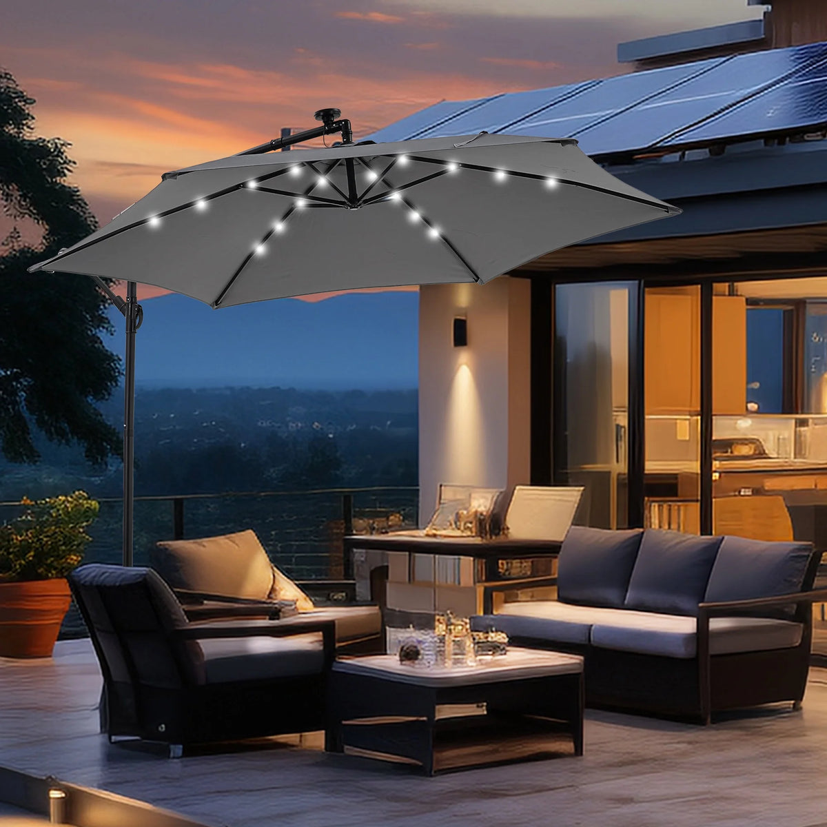 Ainfox 10ft Cantilever Patio Umbrella with Lights, Offset Market Umbrella with Sandbags Weighted Base and Cross Base,Khaki