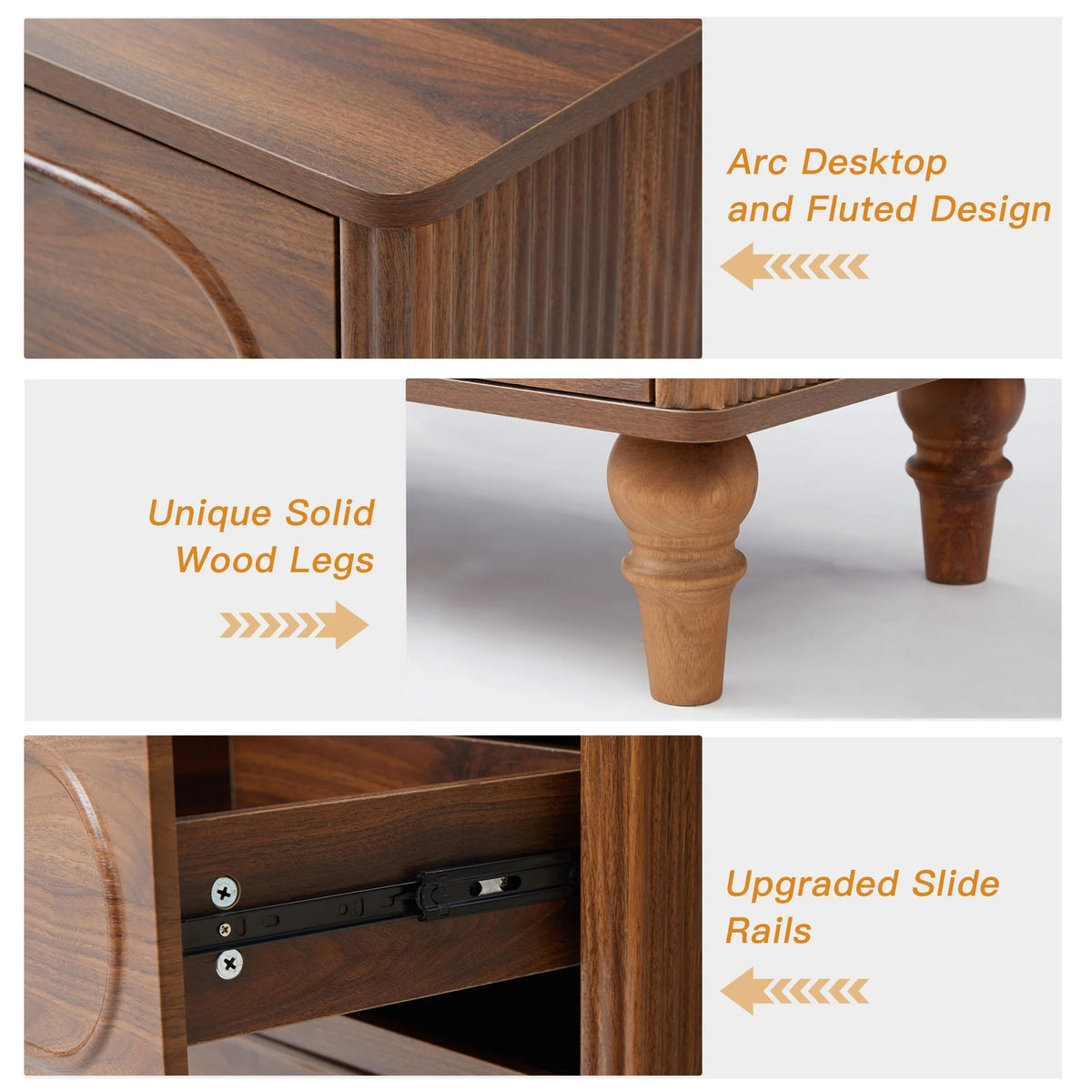 YOCWO 3 Drawer Nightstand, Classic Chest of Drawers with Arc Edge, Walnut