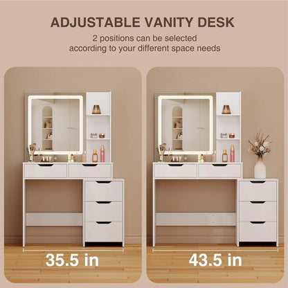 Makeup Vanity Desk with Mirror and Lights, 43.5�� Vanity Table with 5 Drawers & Storage Shelves, White