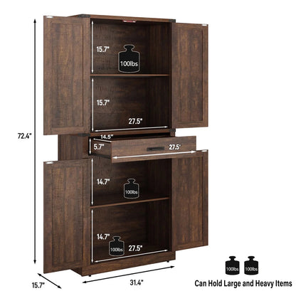 72" Tall Farmhouse Kitchen Pantry Cabinet w/1 Drawer & 4 Roomy Storage Shelves, Versatile Wood Storage Cabinet with 4 Barn Door & Adjustable Shelves &  for Dining Room Bathroom Utility Room