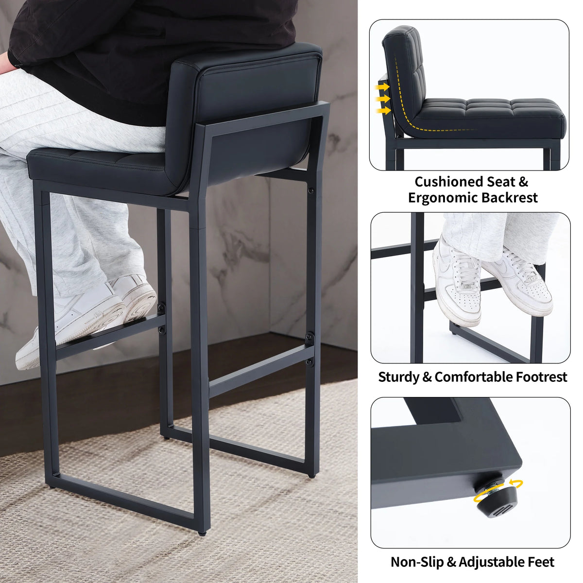 FIRAVOE Bar Stools Set of 3, Counter Height Bar Stools (Low Back)(Thickened Frame) 26" PU Leather Barstools Bar Chairs for Kitchen Island, Black