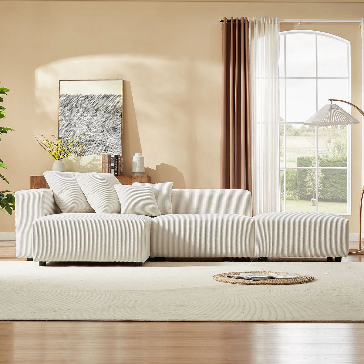 Newboti Furniture Soft Corduroy Sectional Modular Sofa Set, Small L-Shaped Chaise Couch for Living Room, Apartment, Office, Beige 25673