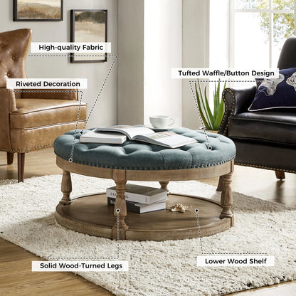 36'' Wide Blue Round Large Ottoman Tufted Coffee Table with Storage Wood Legs Home Living Room