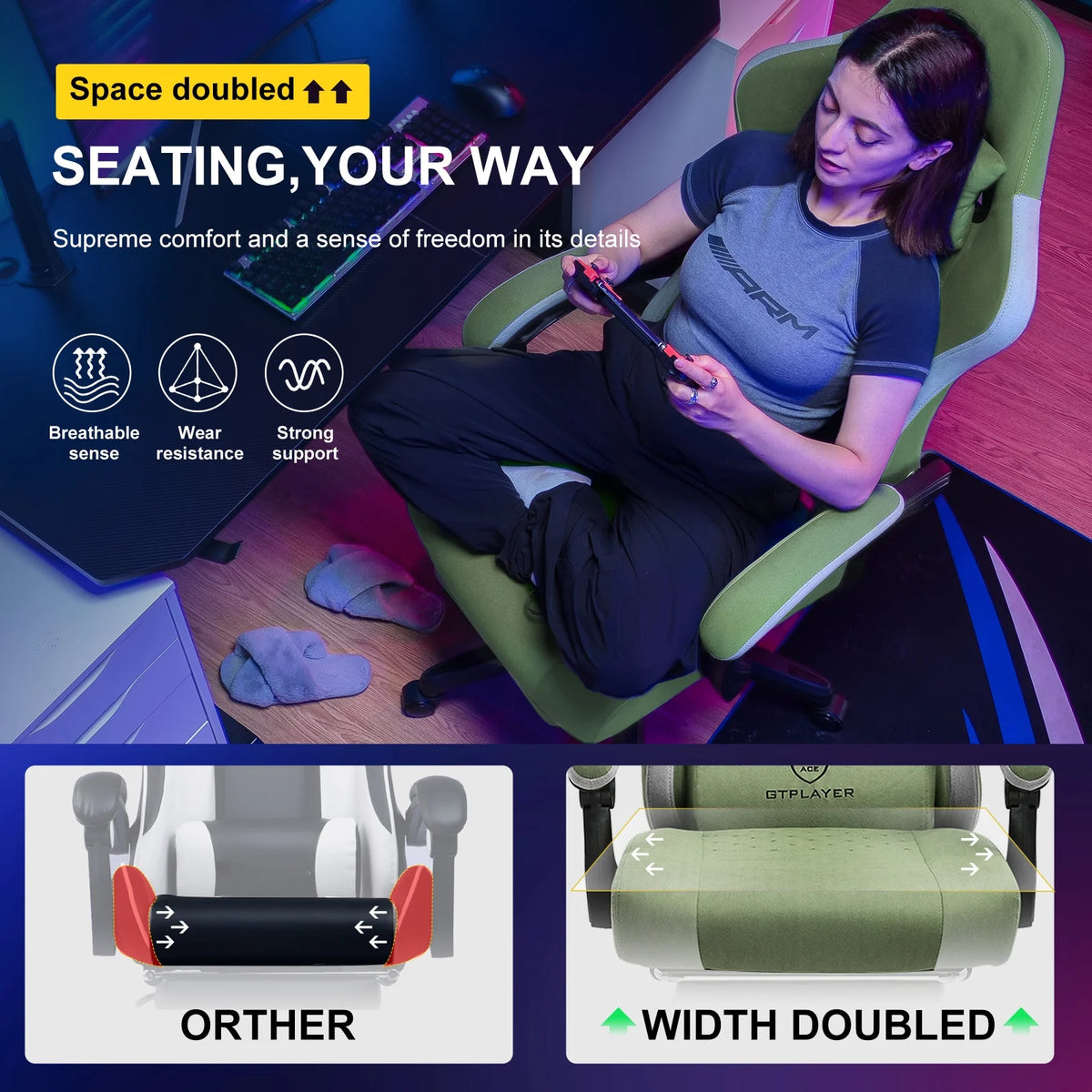 GTPLAYER Ergonomic High Back Pocket Spring Cushion Gaming Chair with Footrest & Linkage Armrests, Black