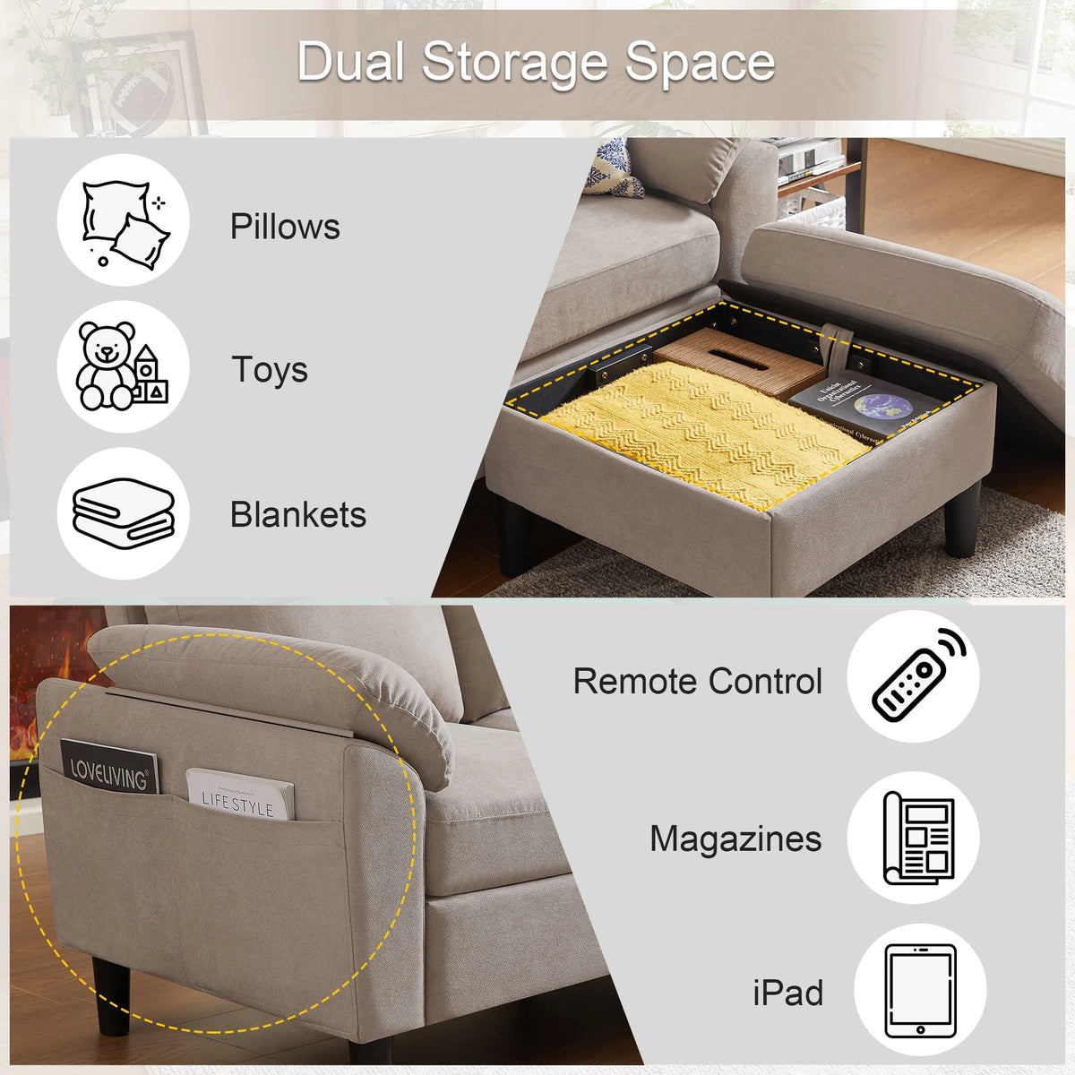 Pingliang Home Sectional Sofa Couch with Storage Ottoman,Modern 3 Seat L Shaped Sofa Couch for Living Room Apartment Studio Office