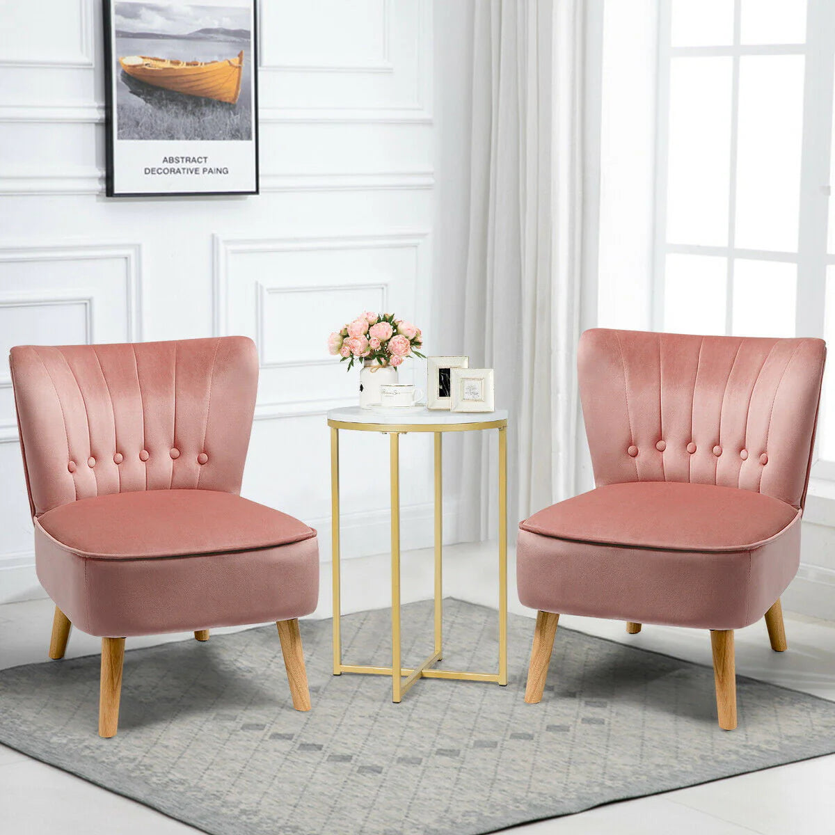 Gymax 2PCS Accent Chair Armless Leisure Chair Single Sofa w/ Wood Legs Pink