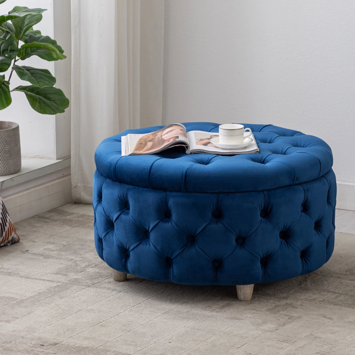 WestinTrends Wordford Round Velvet Tufted Storage Ottoman, Velvet Navy Blue