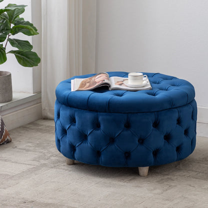 WestinTrends Wordford Round Velvet Tufted Storage Ottoman, Velvet Navy Blue
