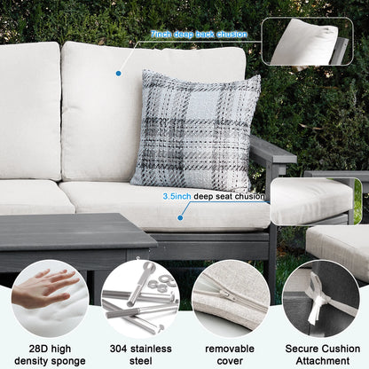 SERWALL Outdoor Patio Furniture Set, 7-Piece HDPE Outdoor Sofa Set Patio Conversation Set, Black Frame with Beige Cushions