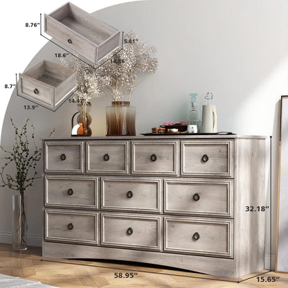 HUJAUU Dresser TV Stand with 10 Drawers Dresser for Bedroom, Wood Chest of Drawers Storage Organizer for Living Room, Hallway, Gray