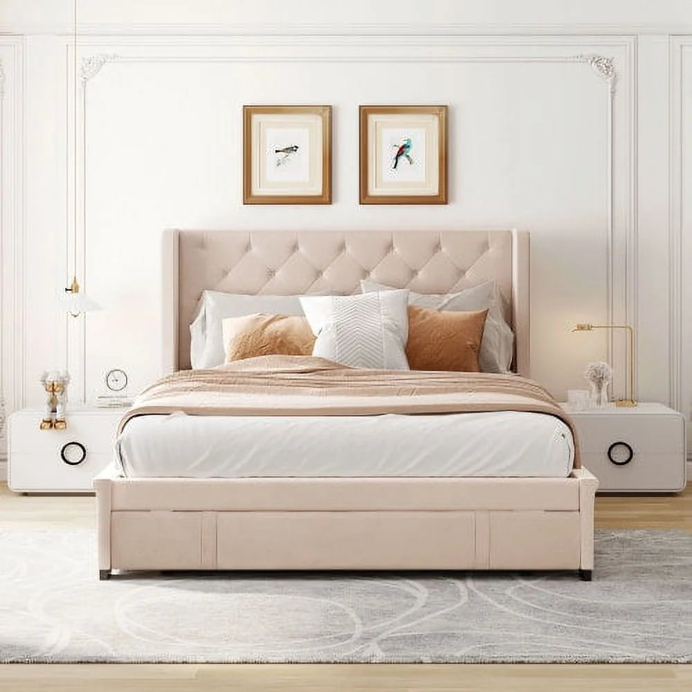 Queen Bed Frame with Storage Drawer, Velvet Upholstered Storage Bed, Wood Platform Bed Frame with Wingback Headboard and a Big Drawer(Beige)
