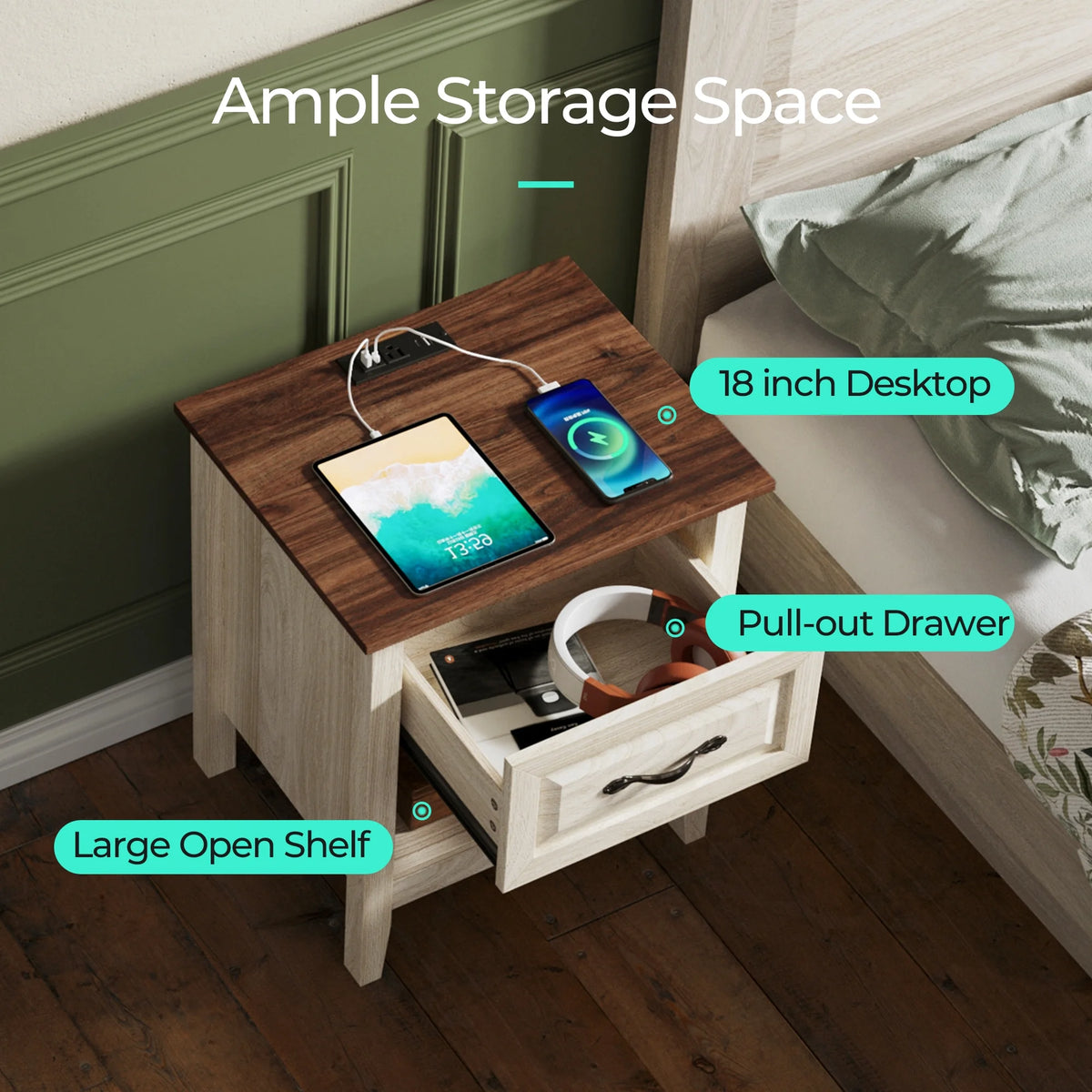 Linsy Home Nightstand for Bedroom set of 2 with Charging Station, Farmhouse End Tables for Living Room set of 2 with Drawer, Beige