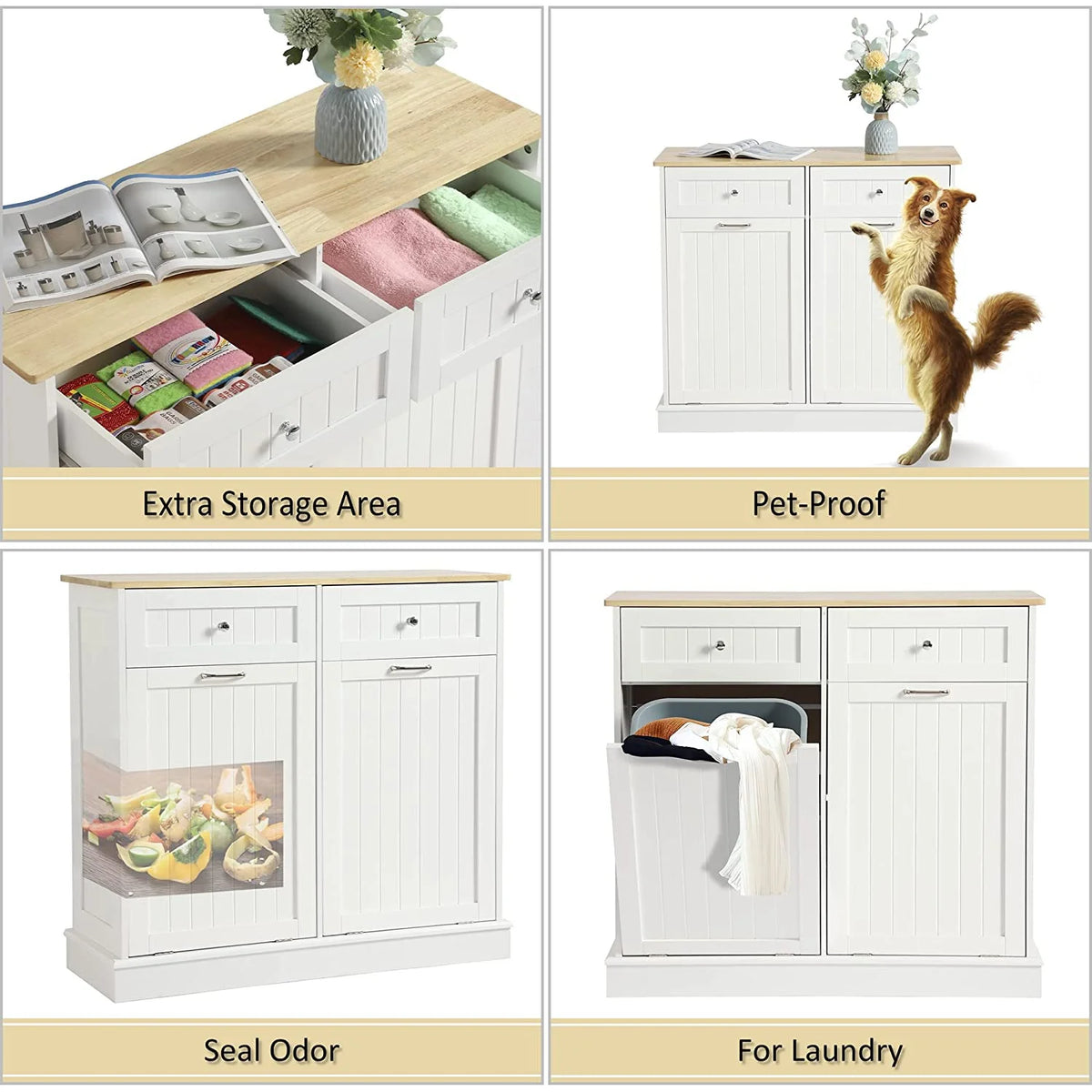 KIGOTY Dual Kitchen Trash Cabinet, Double Tilt Out Trash Can Cabinet with Countertop and Drawer, Free-Standing Pet Proof Recycling Cabinet Garbage Can Holder, Wood (White)