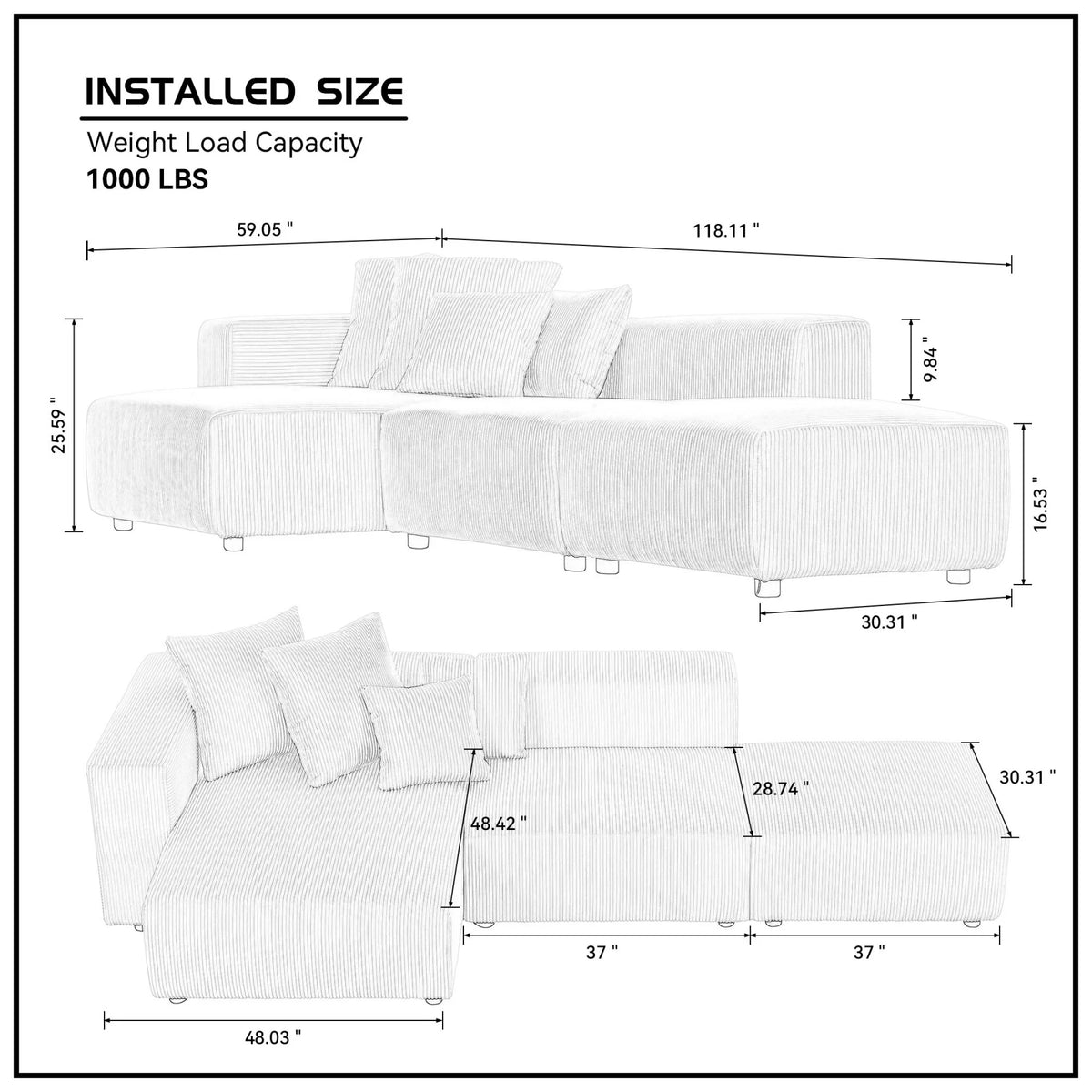 Newboti Furniture Soft Corduroy Sectional Modular Sofa Set, Small L-Shaped Chaise Couch for Living Room, Apartment, Office, Beige 25673