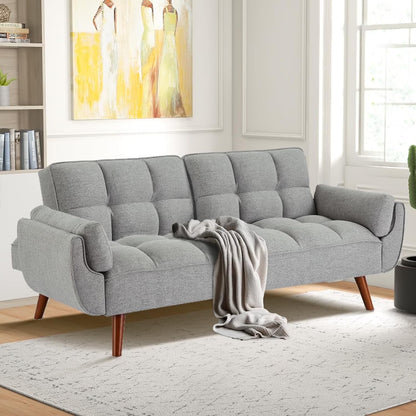 Mydepot Convertible Futon Sofa Bed, Adjustable Couch Sleeper Modern Fabric Recliner Reversible Loveseat Folding Daybed Guest Bed, Armrests, Yellow