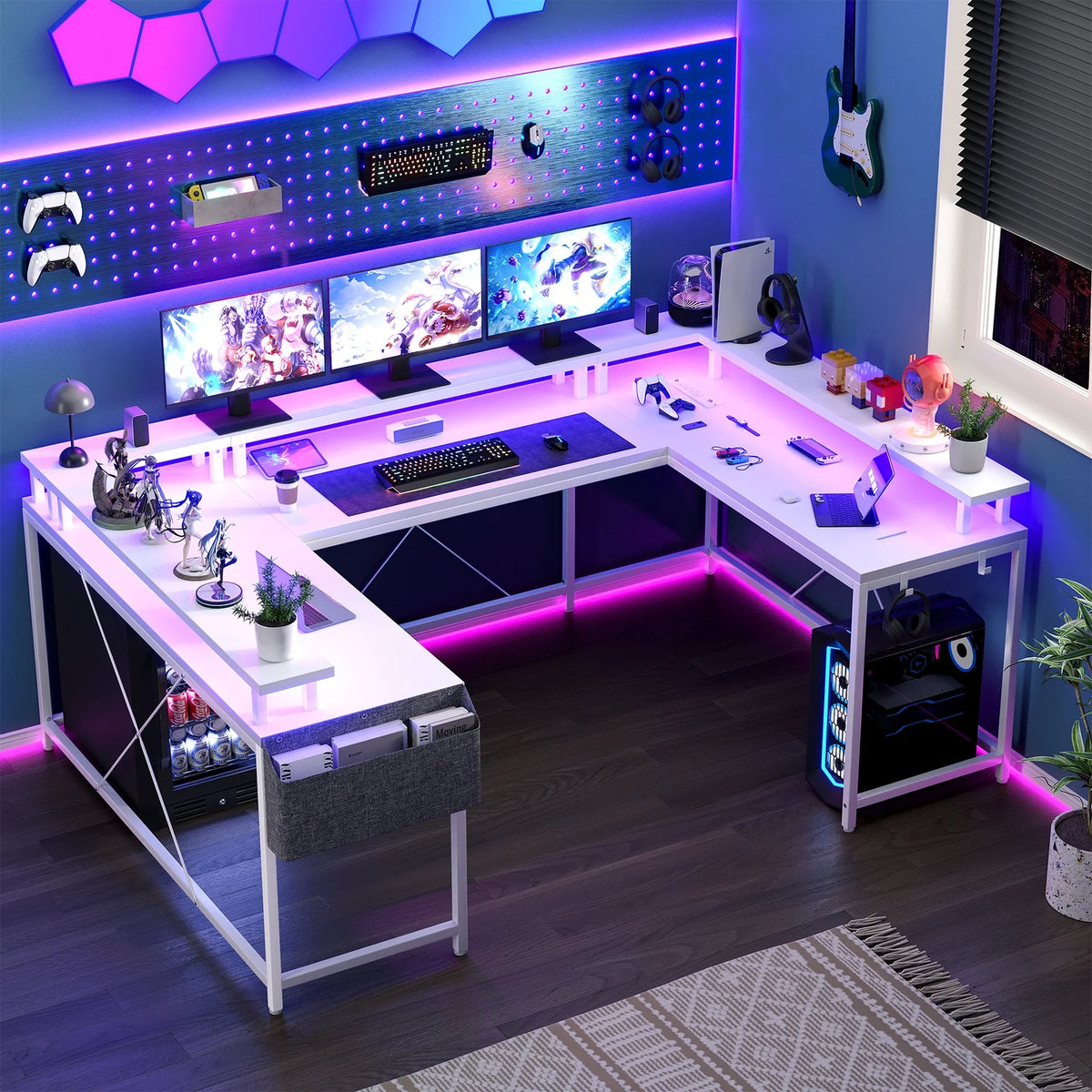 Yesfashion U Shaped Computer Gaming Desk, Reversible L Shaped Desk with Power Outlets, LED Strip & Monitor Stand, Large Corner Desk with Storage Shelves