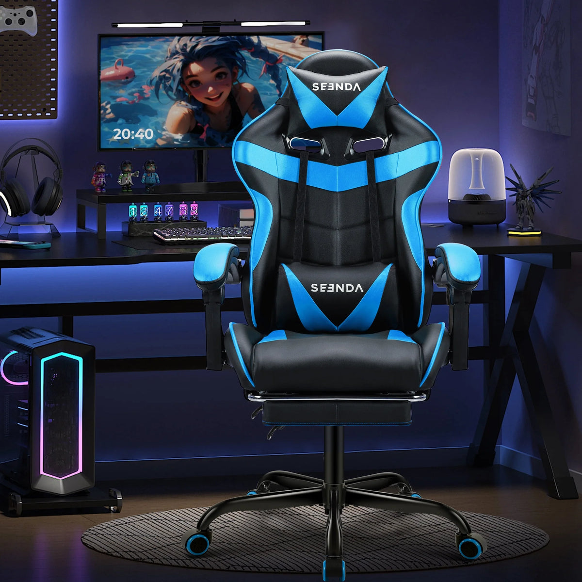 Gaming Chair, Seenda Video Game Chair with Footrest and Lumbar Support, Ergonomic Computer Chair Height Adjustable with Swivel Seat and Headrest, Red