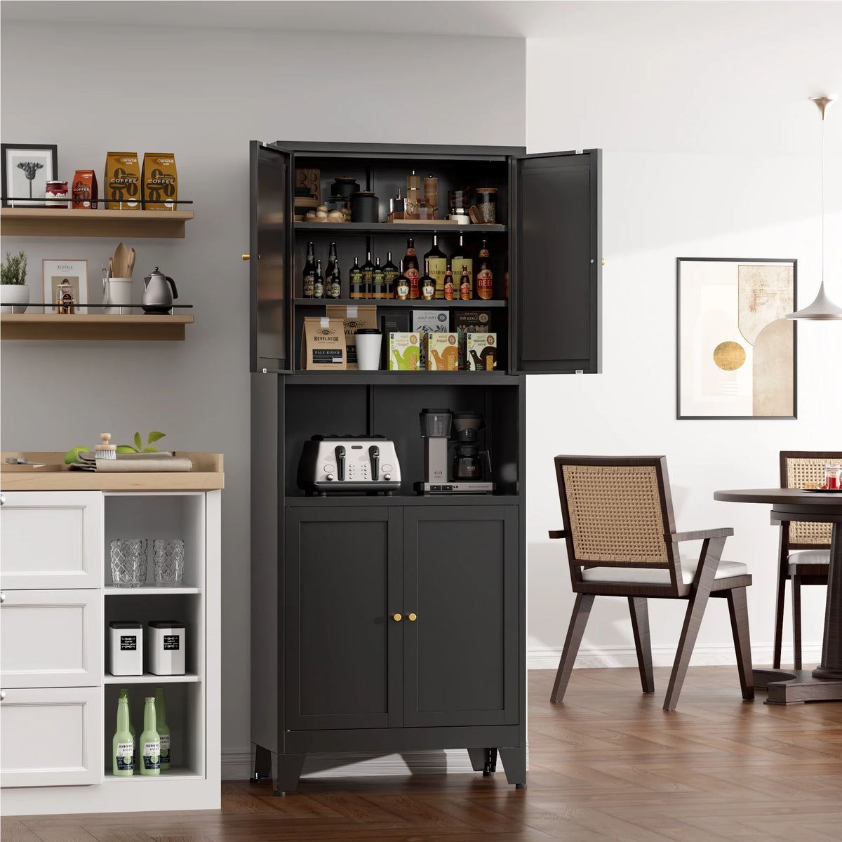 Elegant 69" Tall Modern Kitchen Pantry,Metal Storage Cabinet with Adjustable Shelves,Pantry Storage Cabinet for Kitchen,Dining Room,Living Room,Blue