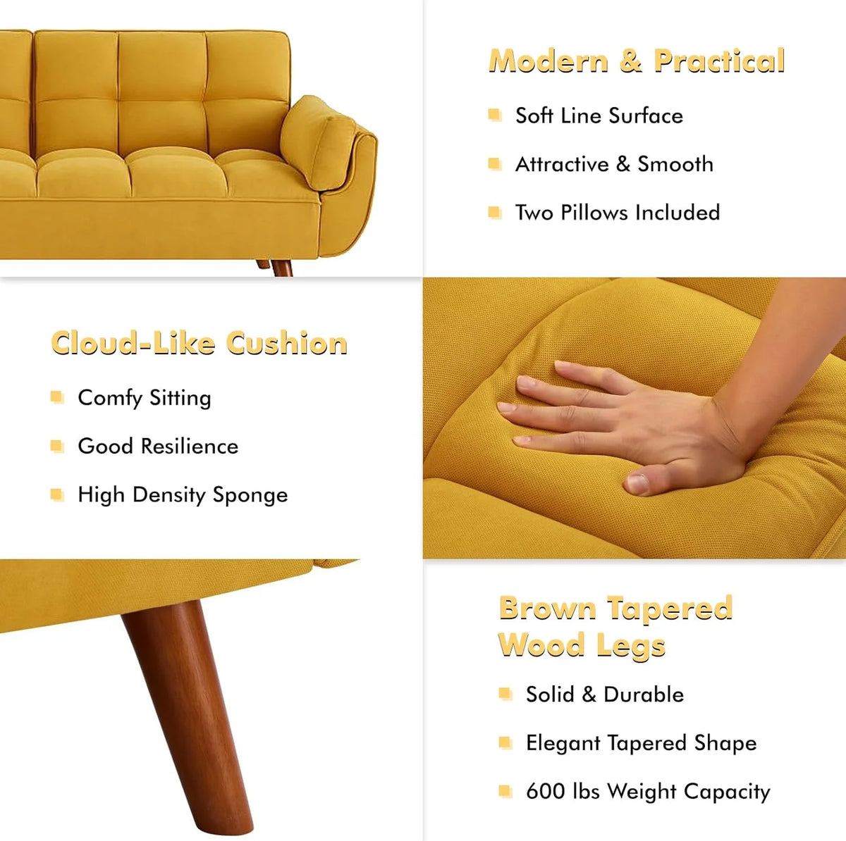 Mydepot Convertible Futon Sofa Bed, Adjustable Couch Sleeper Modern Fabric Recliner Reversible Loveseat Folding Daybed Guest Bed, Armrests, Yellow