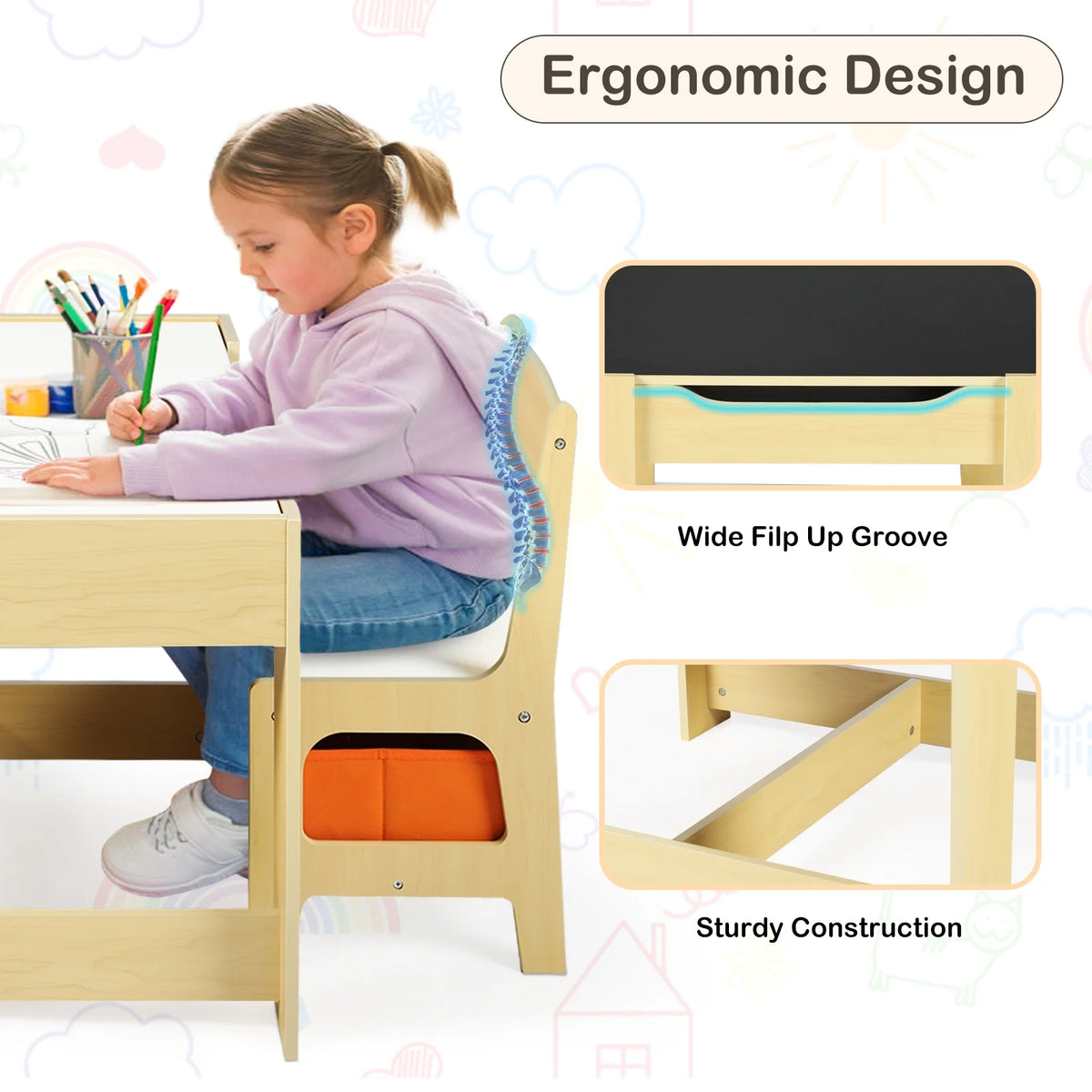 LINLUX Kids Table and 2 Chairs Set, Children Activity Table Chairs with Chalkboard/Whiteboard, Grey