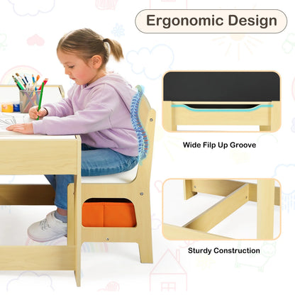 LINLUX Kids Table and 2 Chairs Set, Children Activity Table Chairs with Chalkboard/Whiteboard, Grey