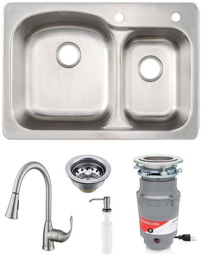 Frigidaire 60/40 Dual Mount 33" Stainless Steel Kitchen Sink Combo W/ Brushed Nickel Faucet & Disposal