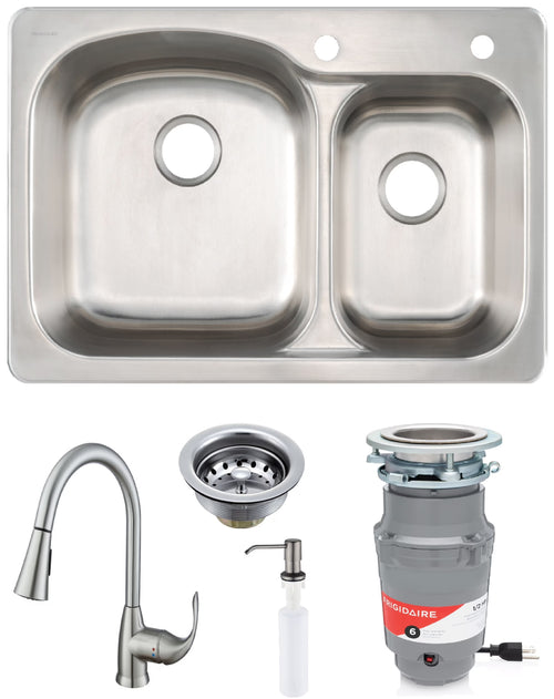 Frigidaire 60/40 Dual Mount 33" Stainless Steel Kitchen Sink Combo W/ Brushed Nickel Faucet & Disposal