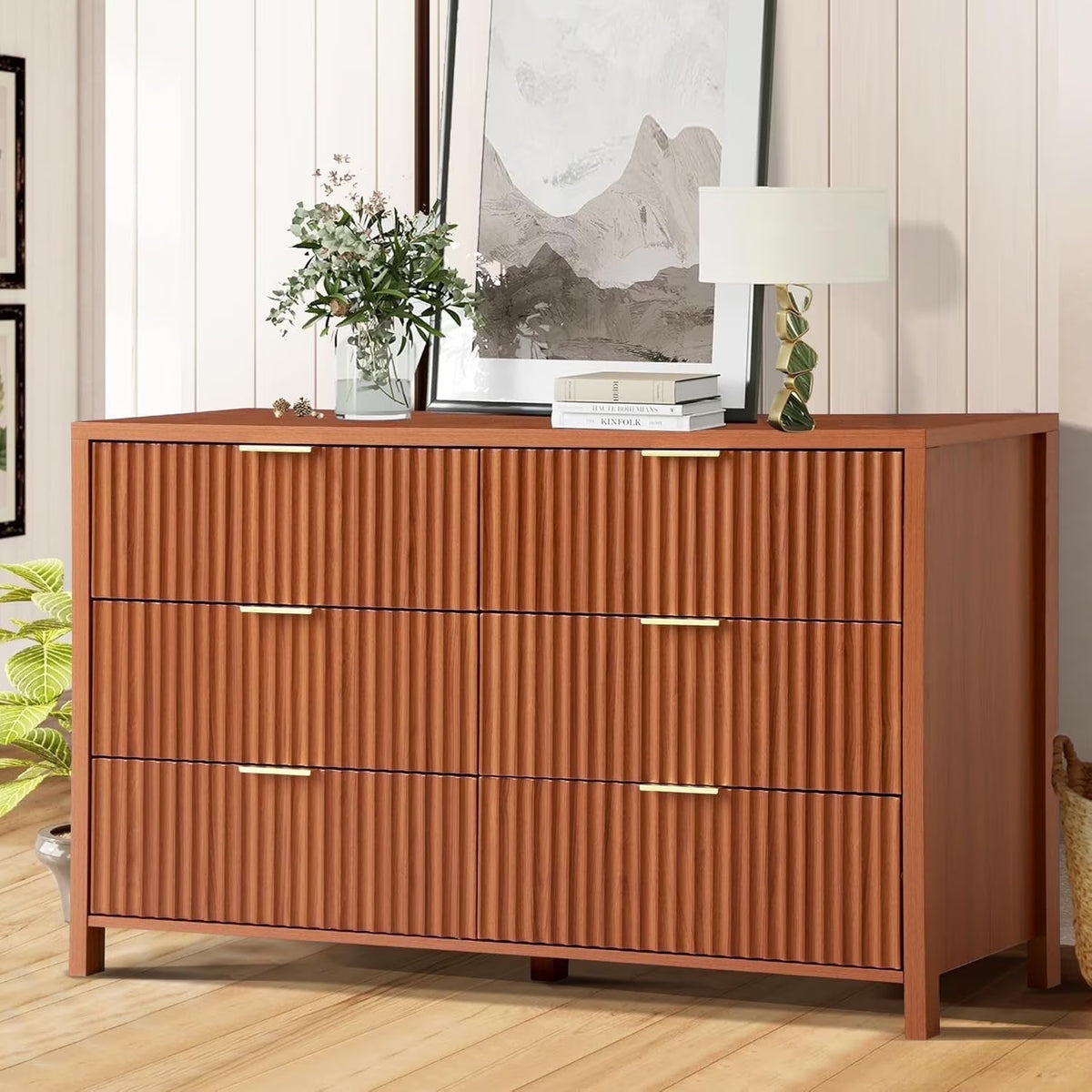 Magic Union Fluted 6 Drawers Dresser for Bedroom, 54" Wide Chest of Drawers with Thick Plank Styling, Wooden Storage Drawer Organizer for Bedroom, Living Room,Hallway, Entryway, Brown