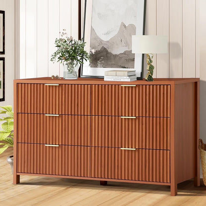Magic Union Fluted 6 Drawers Dresser for Bedroom, 54" Wide Chest of Drawers with Thick Plank Styling, Wooden Storage Drawer Organizer for Bedroom, Living Room,Hallway, Entryway, Brown
